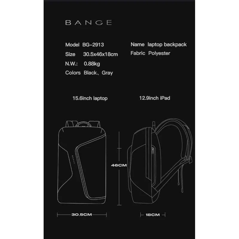 Σακίδιο πλάτης 23L Laptop 15,6” Bange 2913 γκρί - Επαγγελματικά Σακίδια Πλάτης