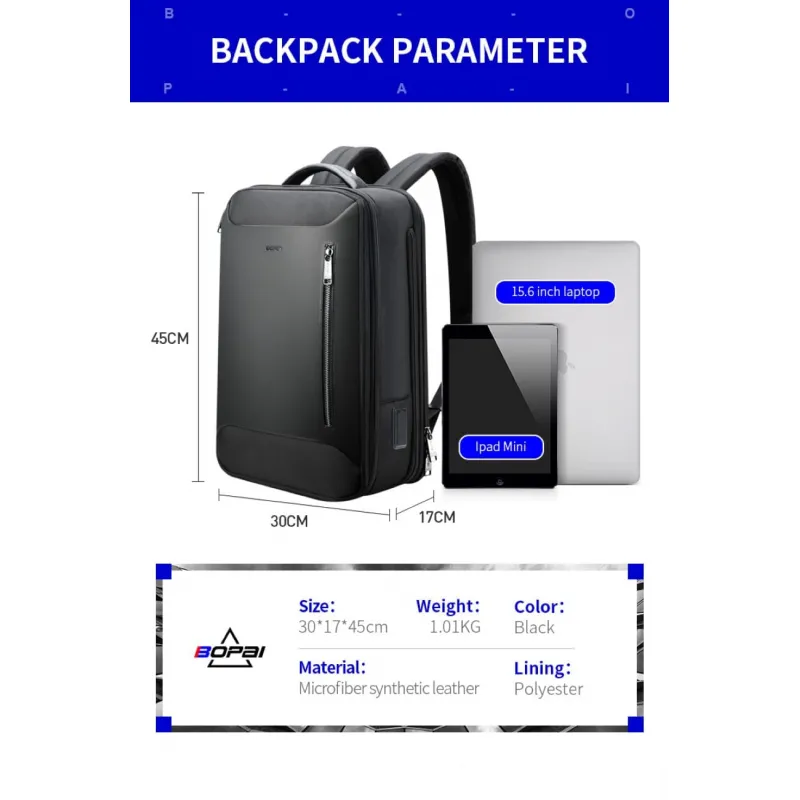 Σακίδιο πλάτης Αντικλεπτικό 24L Laptop 15,6” Bopai 61-19011 μαύρο - Επαγγελματικά Σακίδια Πλάτης