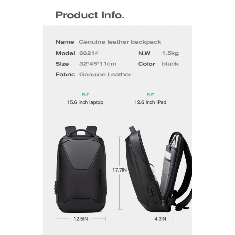 Δερμάτινο Σακίδιο πλάτης 21L Laptop 15,6” Bange 6621 μαύρο
