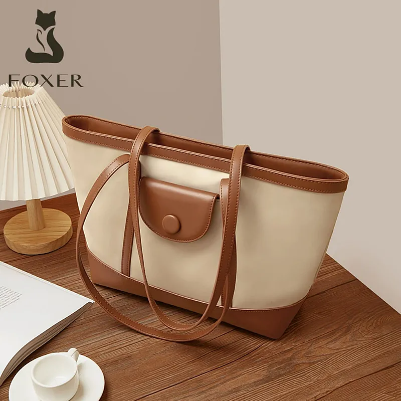 Δερμάτινη Γυναικεία Τσάντα Shopper  Ωμου Foxer 9151041F μπέζ/καφέ