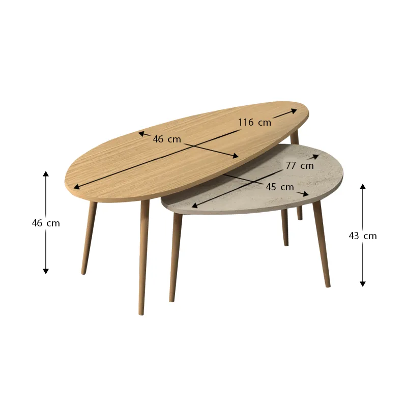 Τραπεζάκι σαλονιού σετ 2 τμχ Elips Megapap χρώμα oak - travertine 116x46x46εκ.