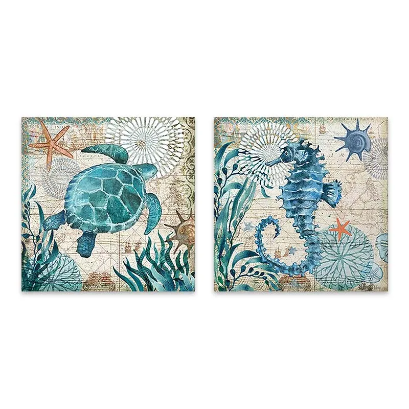 Πίνακας σε καμβά "Sea Creatures" Megapap 2 τμχ. ψηφιακής εκτύπωσης 83x40x3εκ. - Πίνακες Ζωγραφικής