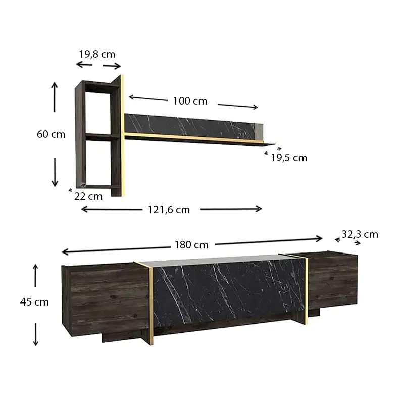 Σύνθεση τηλεόρασης Veyron Megapap από μελαμίνη χρώμα μαύρο rebab - μαύρο εφέ μαρμάρου 180x33x45εκ. - Έπιπλα τηλεόρασης