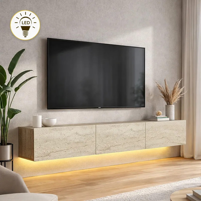 Έπιπλο τηλεόρασης επιτοίχιο Damla Megapap με LED χρώμα travertine 180x29,5x29,5εκ.