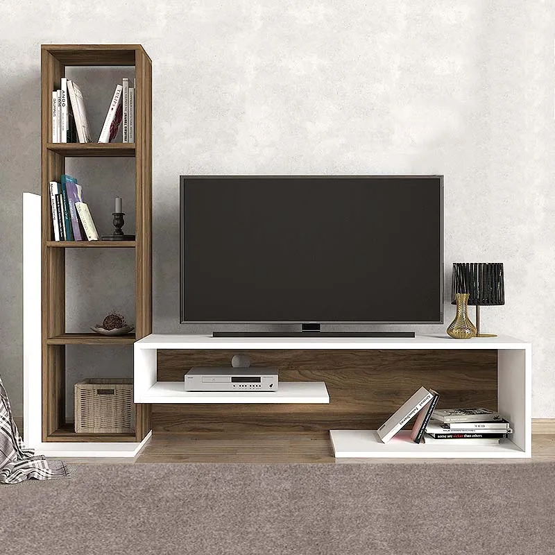 Σύνθεση τηλεόρασης Bend Megapap από μελαμίνη χρώμα λευκό - καρυδί 153,6x39x131εκ. - Έπιπλα τηλεόρασης