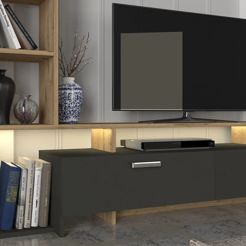 Σύνθεση τηλεόρασης Simal Megapap με LED χρώμα ανθρακί - sepet oak 168,2x31,3x120εκ.