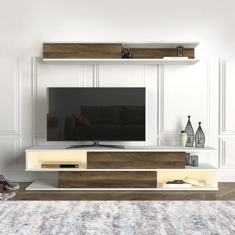 Σύνθεση τηλεόρασης Manet Megapap από μελαμίνη με LED χρώμα λευκό - καρυδί 180x29,5x39εκ. - Έπιπλα τηλεόρασης