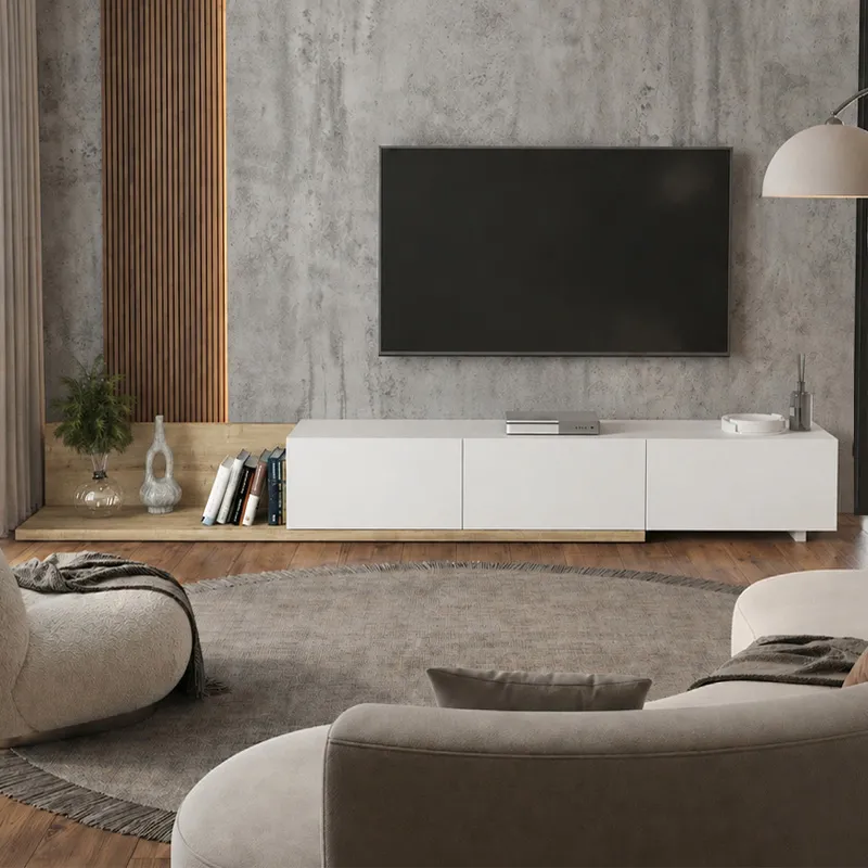 Έπιπλο τηλεόρασης Enstey Megapap επεκτεινόμενο χρώμα sapphire oak - λευκό 260x41,8x33,5εκ.