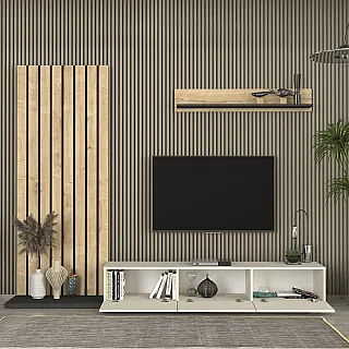 Σύνθεση τηλεόρασης Nagini Megapap χρώμα ivory - sapphire oak - ανθρακί 260x39,4x203,6εκ.