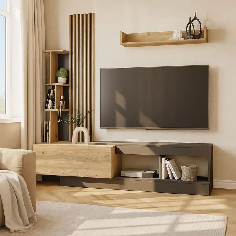 Σύνθεση τηλεόρασης Vermont Megapap χρώμα ανθρακί - sepet oak 180x40x193,8εκ.