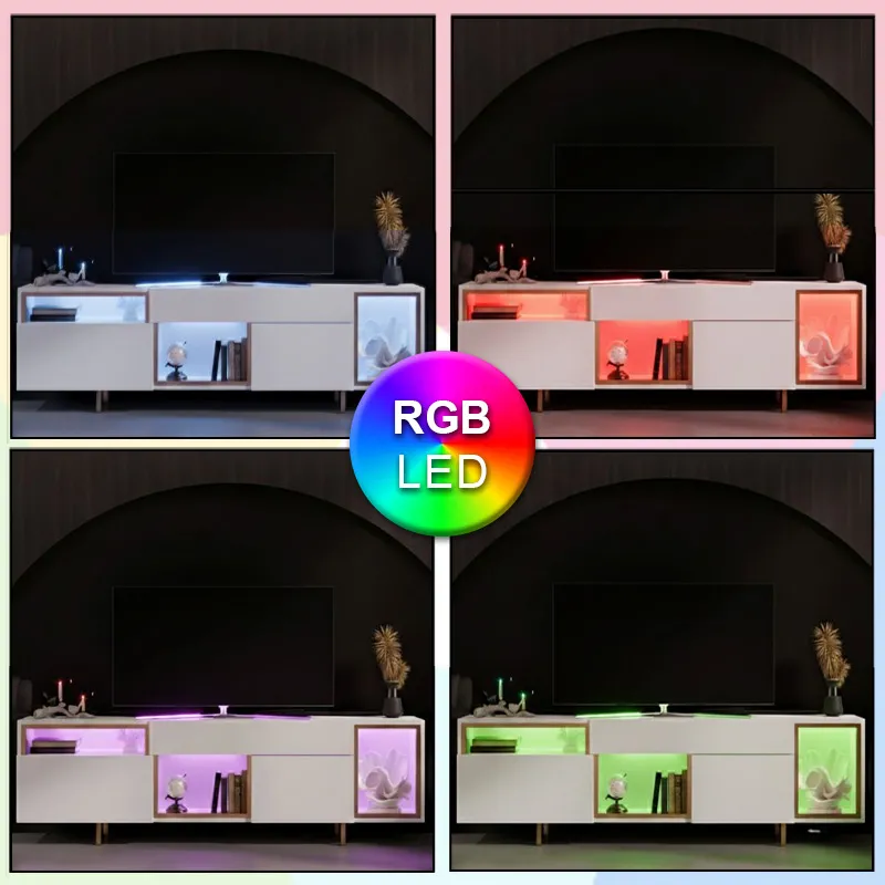 Έπιπλο τηλεόρασης Norm Megapap με Led Rgb χρώμα λευκό - χρυσό 180x32x55εκ.
