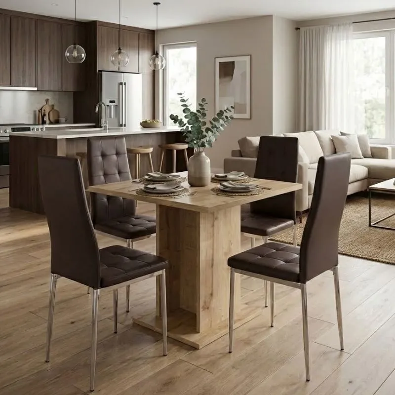 Σετ τραπεζαρία 5τμχ Allos - Rosa Megapap χρώμα sapphire oak - καφέ/χρωμίου πόδι 75x75x77εκ.